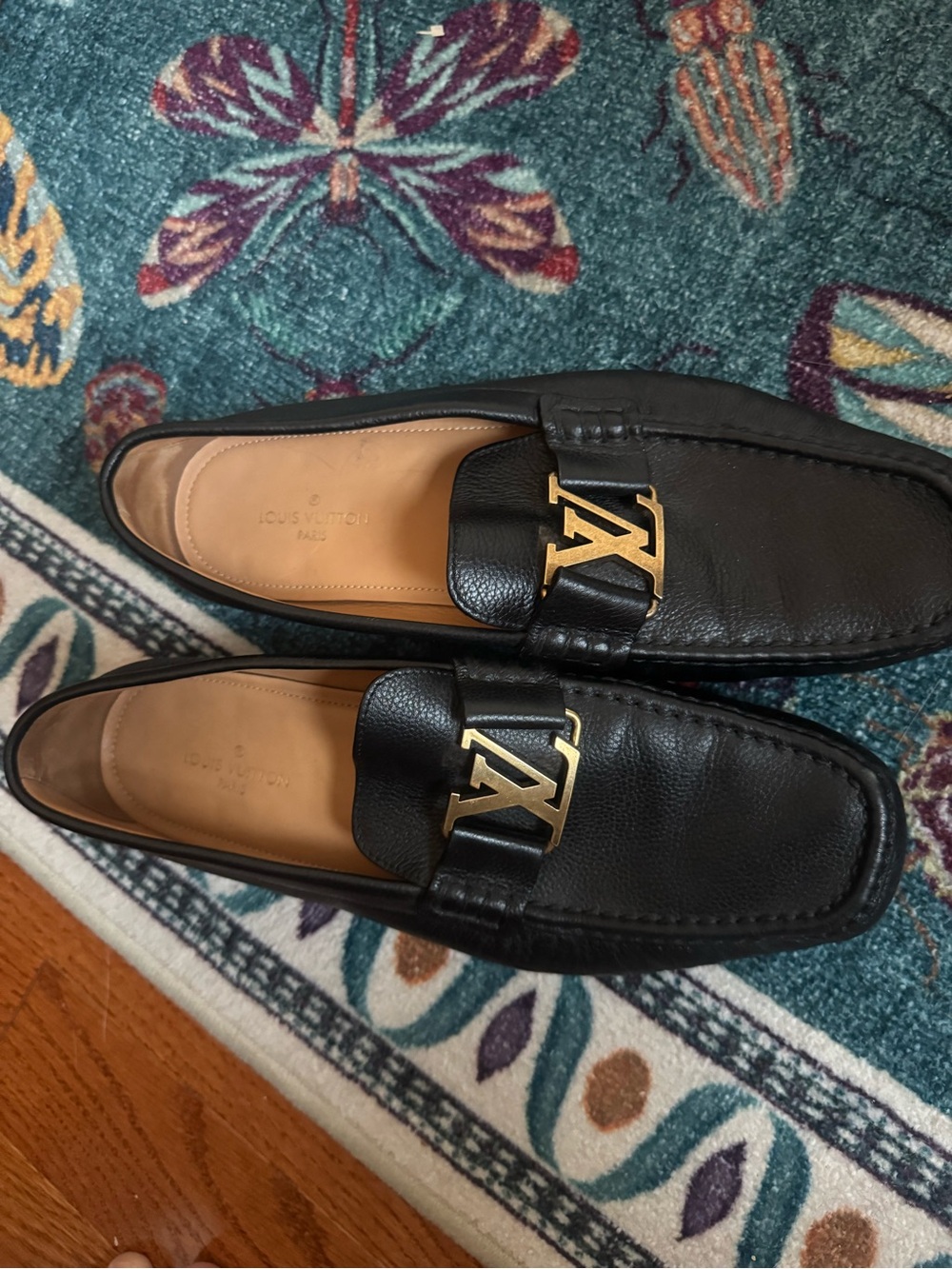 Louis Vuitton Black Leather Men’s Driving Loafers with Gold LV Buckle